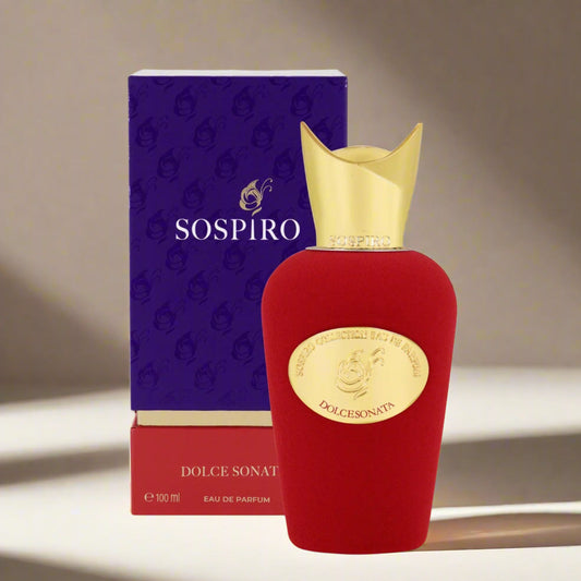 Red perfume bottle with gold cap and 'Sospiro' packaging on a white background